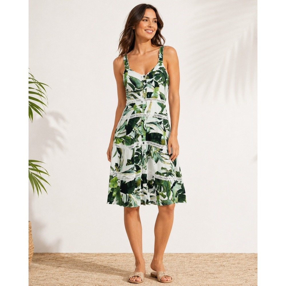 Gianni Bini Tropical Beachy Midi Dress Button Front White‎ Green Cotton Size 12